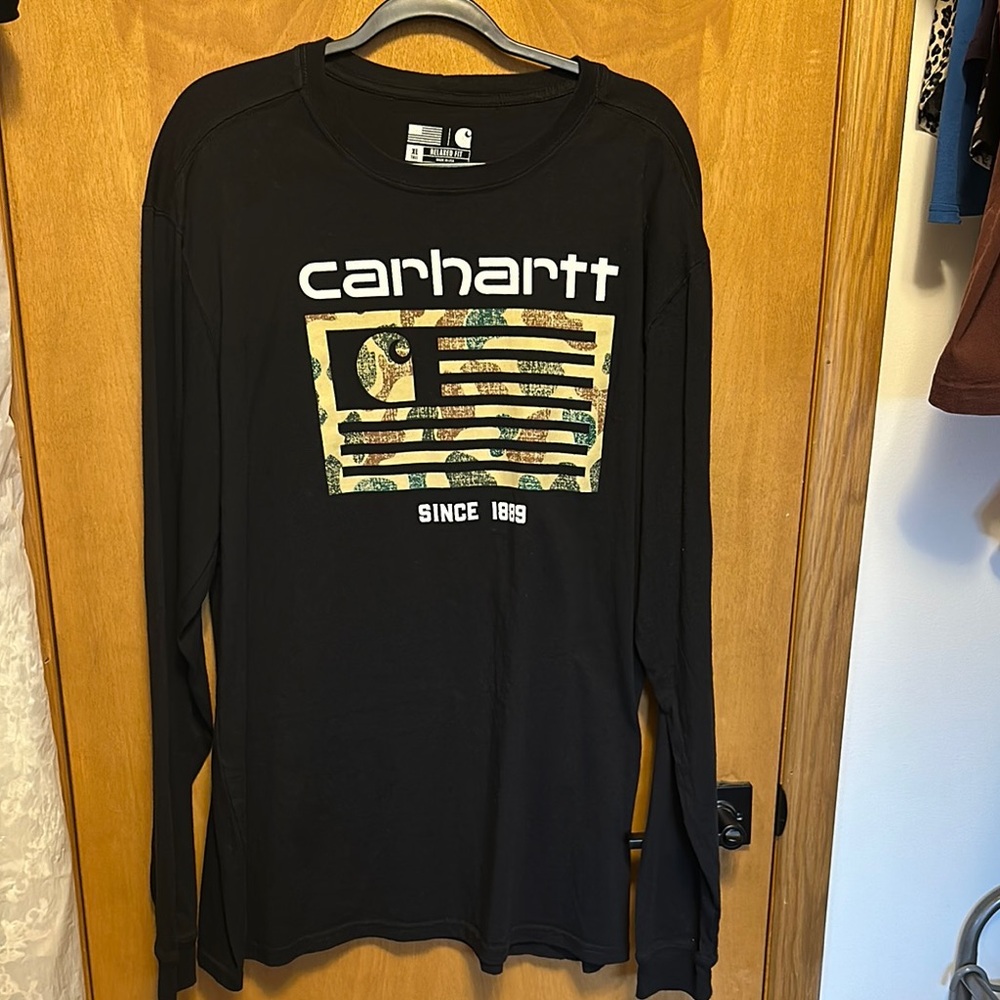 Carhartt Black Long Sleeve Tee with Camo Flag